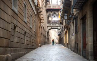 Tourist sightseeing in Barcelona Barri Gothic Quarter and Bridge